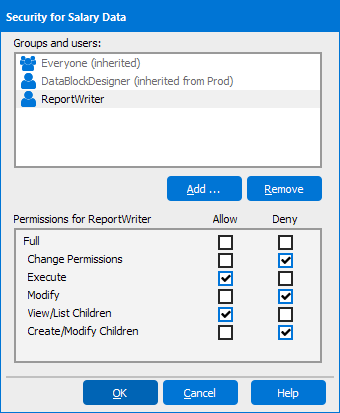 This image shows the Security dialog for the DataBlock.  Execute and View List Children permissions are allowed.  All other permissions are denied.